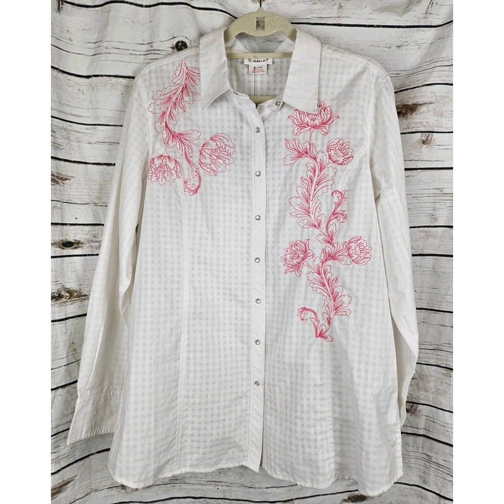 Ariat White Pink Embroidered Pearl Snap Shirt Womens XL Western NEW Cowgirl